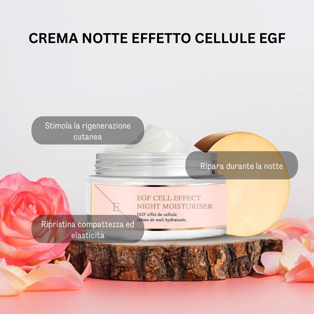 Vasetto di crema con coperchio dorato su una fetta di legno, circondato da petali di rosa. Scritta: EGF Cell Effect Night Moisturiser.