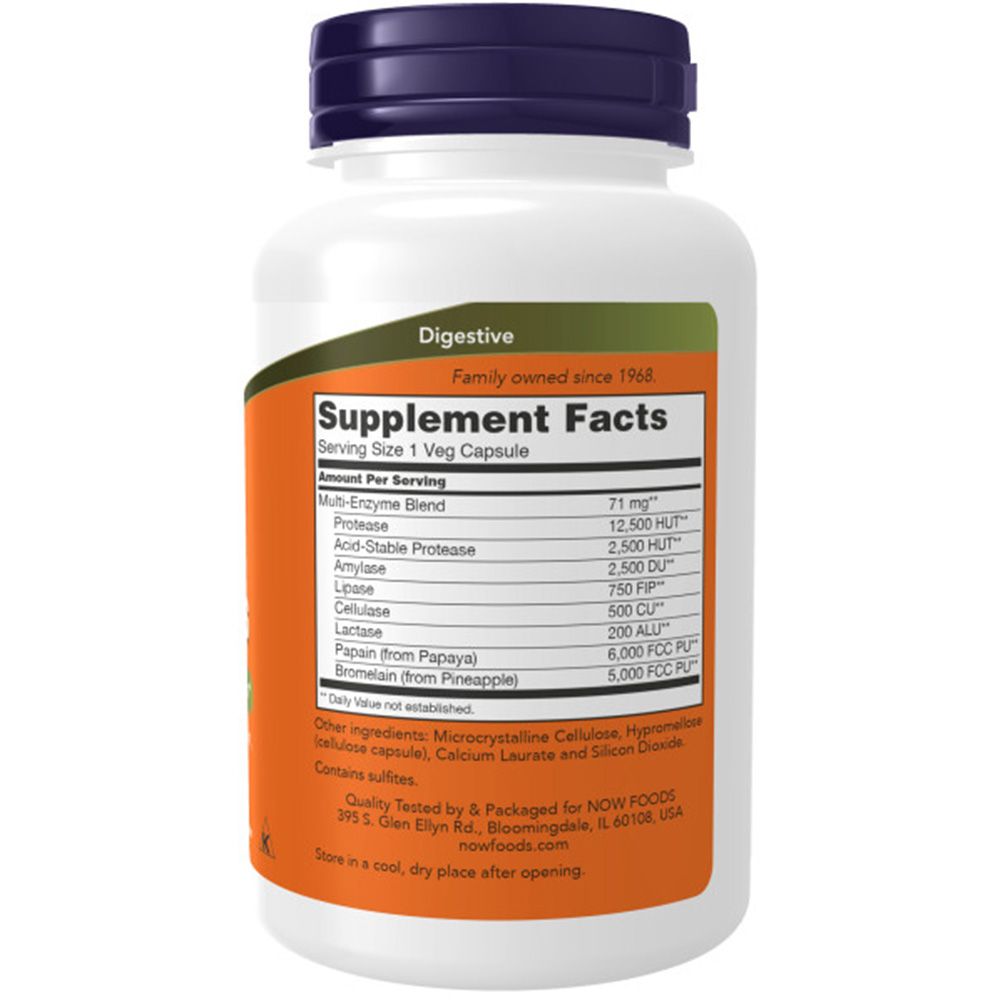 Flacone bianco con tappo blu. Etichetta arancione con ingredienti. Scritta: Supplement Facts. Contiene enzimi. Marchio: NOW FOODS.