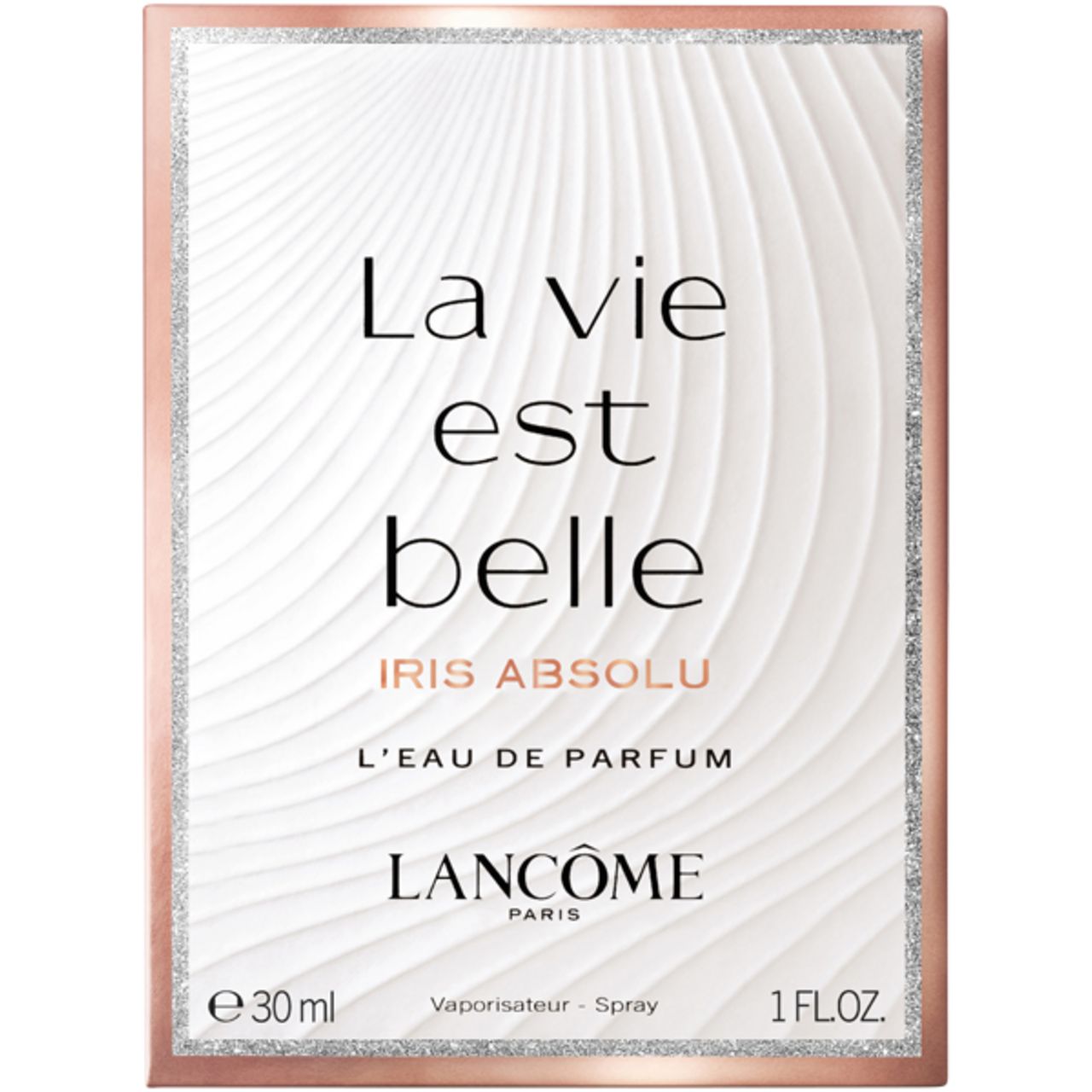 Confezione con testo: La vie est belle, Iris Absolu, L'Eau de Parfum, Lancôme. In basso: 30 ml, Vaporisateur-Spray.