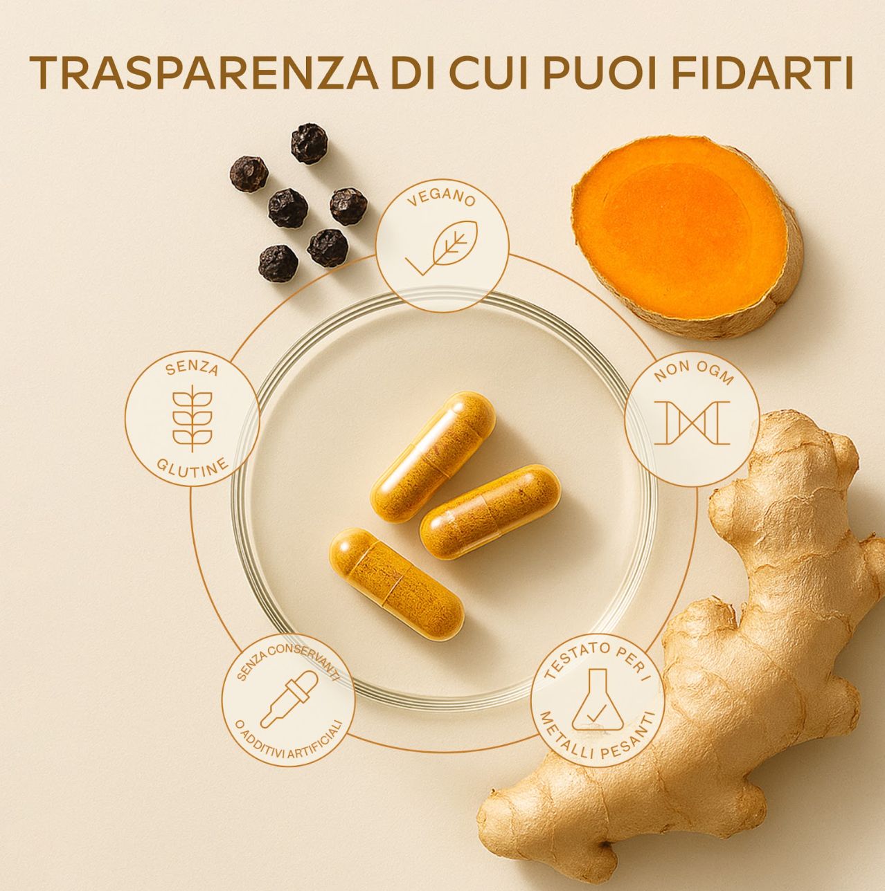 Capsule, zenzero, curcuma e grani di pepe. Simboli: Vegano, senza glutine, senza additivi, senza OGM.