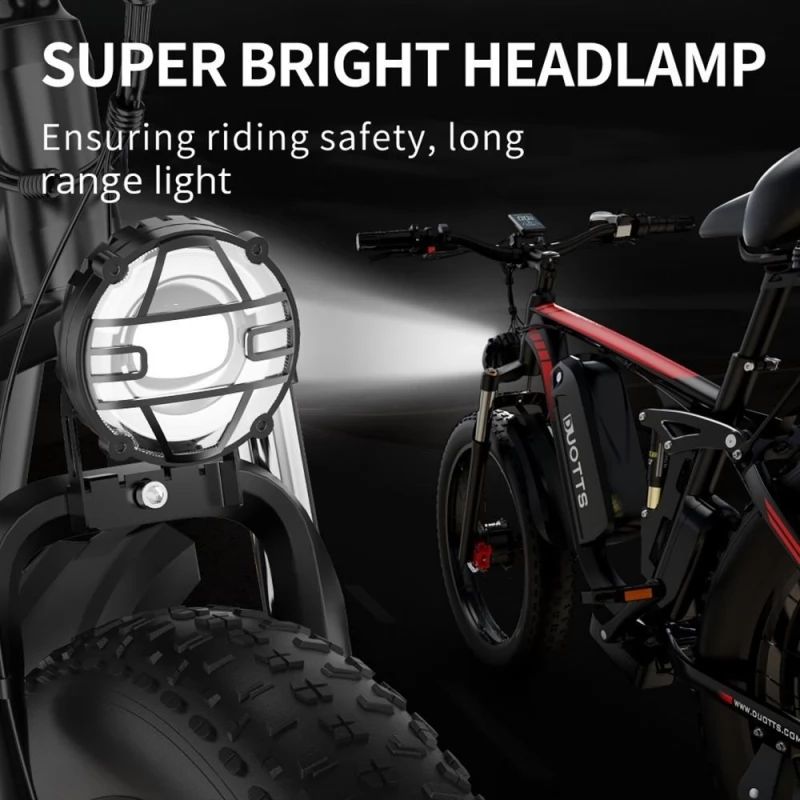 Primo piano di una bici con faro. Testo: SUPER BRIGHT HEADLAMP.