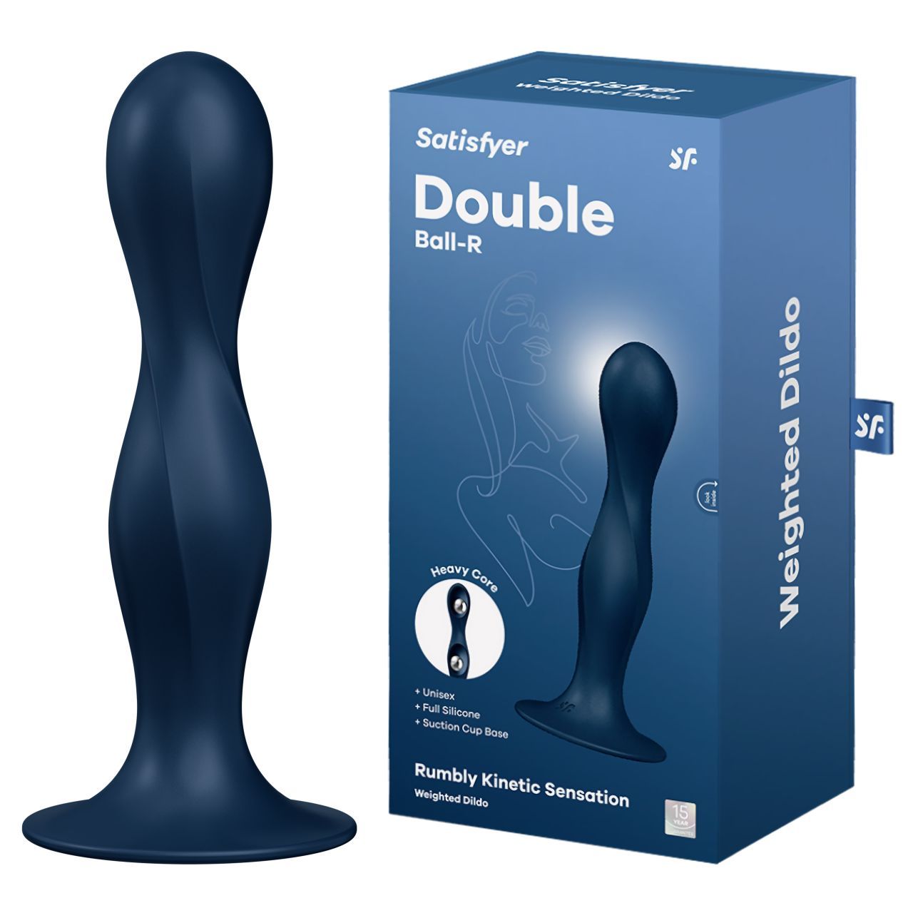 Dildo blu scuro con fusto ritorto e base larga, accanto alla sua confezione.