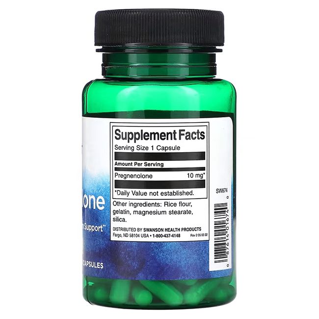 Flacone verde con capsule di pregnenolone. Retro con informazioni nutrizionali. 10 mg per porzione. Ingredienti: farina di riso, gelatina, magnesio stearato, silice.