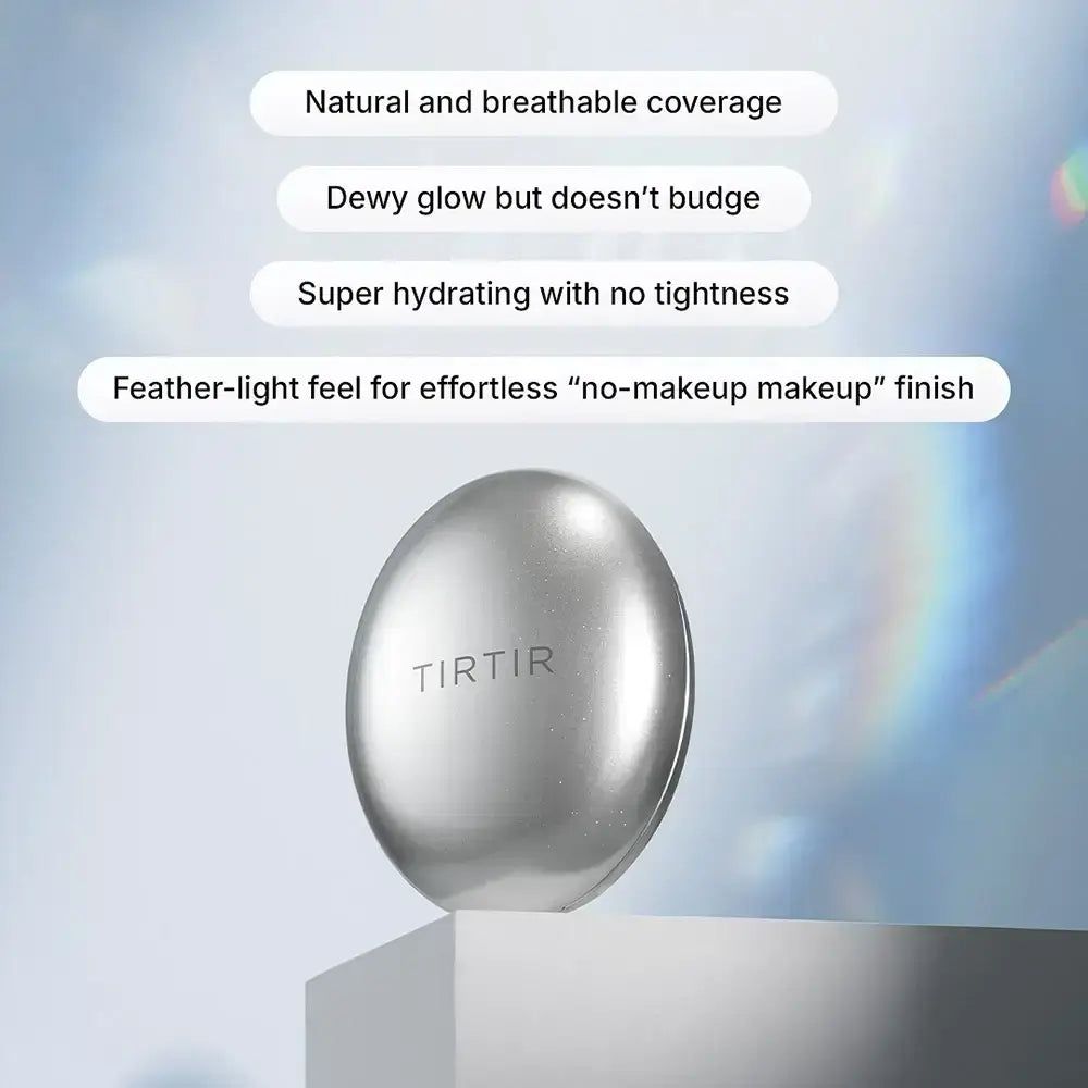 Prodotto cosmetico ovale argentato con scritta TIRTIR. Le didascalie descrivono caratteristiche come la "copertura naturale".