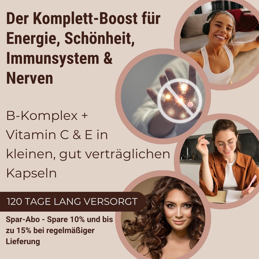 Immagine circolare con testo: Energia, bellezza, sistema immunitario e nervi. Complesso B + Vitamina C & E in piccole capsule.