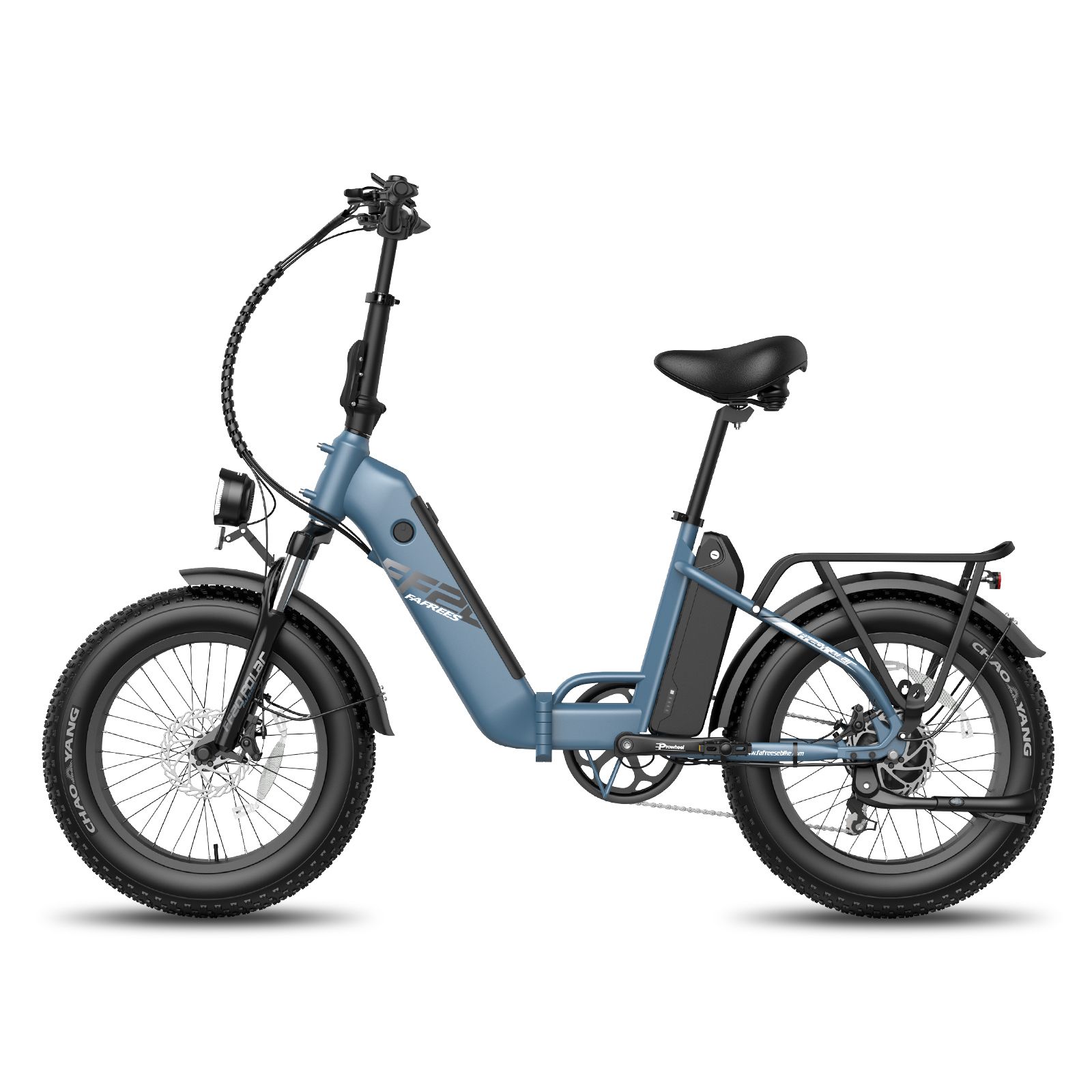 E-bike pieghevole blu. Pneumatici, sella e portapacchi neri. Faro anteriore. Marchio Fafrees.