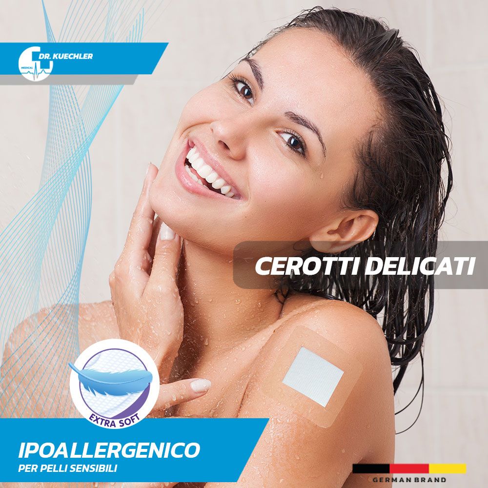 Donna con cerotto sulla spalla. Ipoallergenico, extra morbido. Per pelli sensibili.