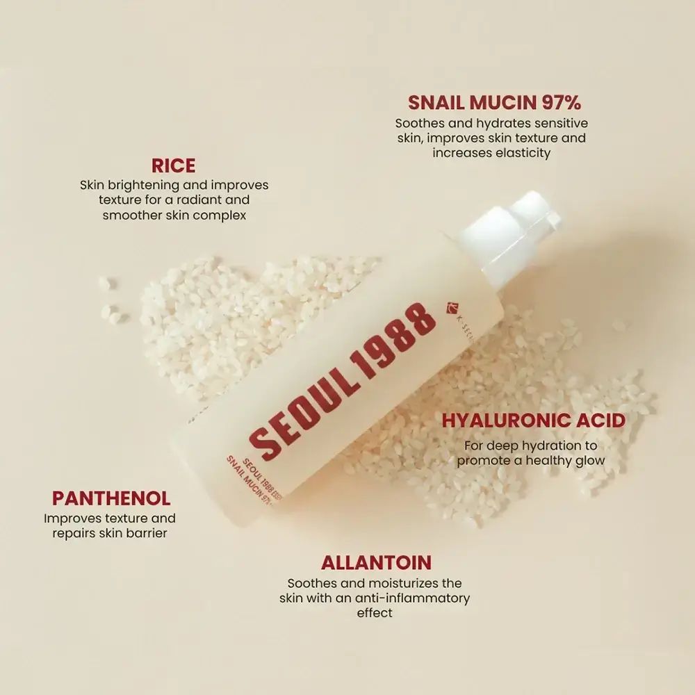 Flacone beige con erogatore bianco. Scritta rossa: SEOUL 1988. Nome del prodotto e ingredienti. Testo sugli ingredienti e i loro effetti.