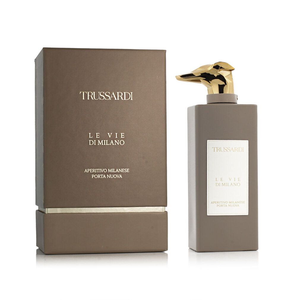 Flacone e confezione Trussardi Le Vie Di Milano Eau de Parfum con tappo dorato a forma di testa di animale.