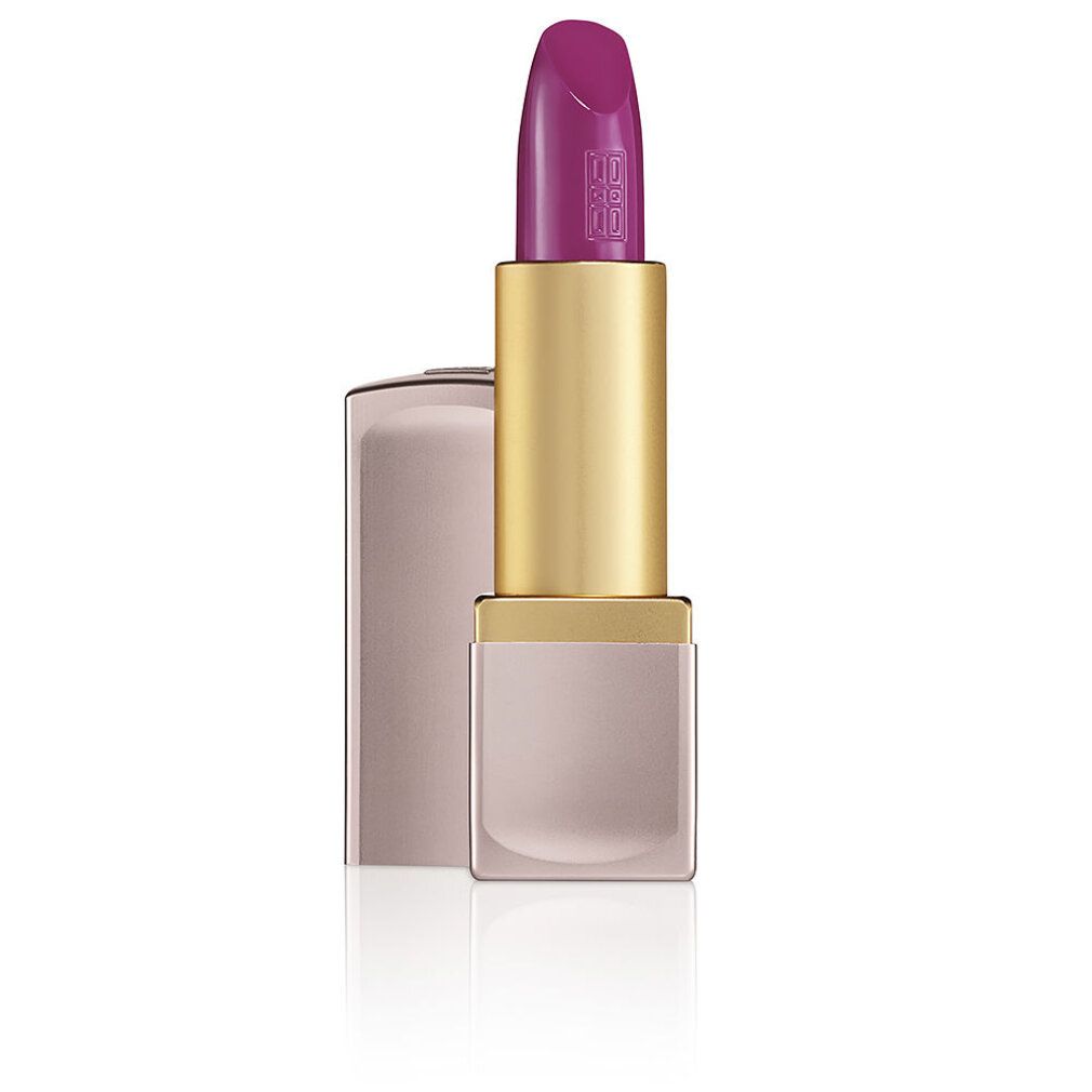 Rossetto aperto. Tonalità Perfectly Plum. Stelo dorato, astuccio rosa. Punta del rossetto con logo.
