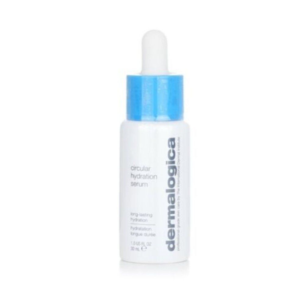 Flacone bianco con tappo blu e contagocce. Scritta: Circular Hydration Serum, Dermalogica. 30 ml.