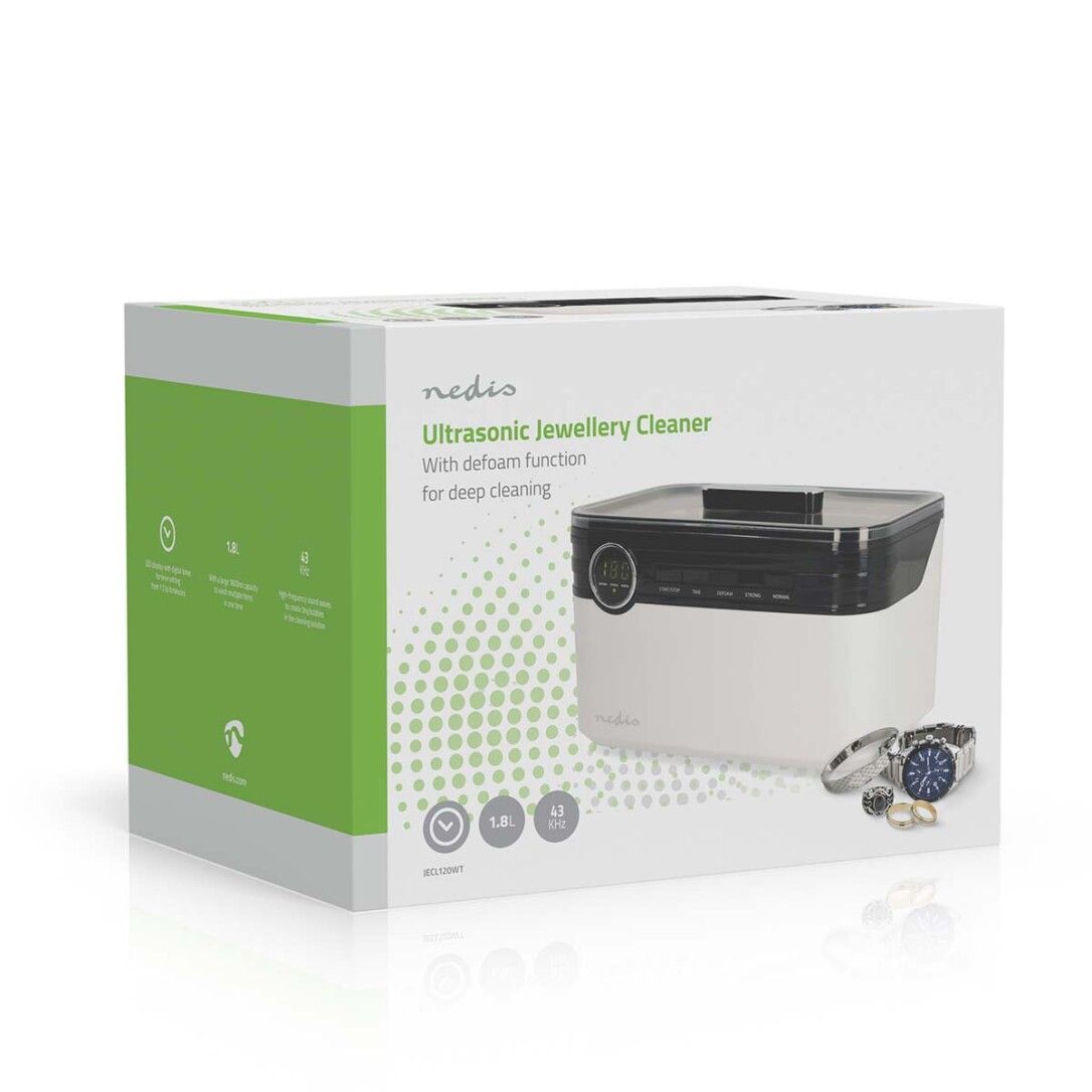 Confezione del pulitore a ultrasuoni per gioielli. Scritta: Nedis Ultraschall Jewellery Cleaner. Illustrazione del prodotto.