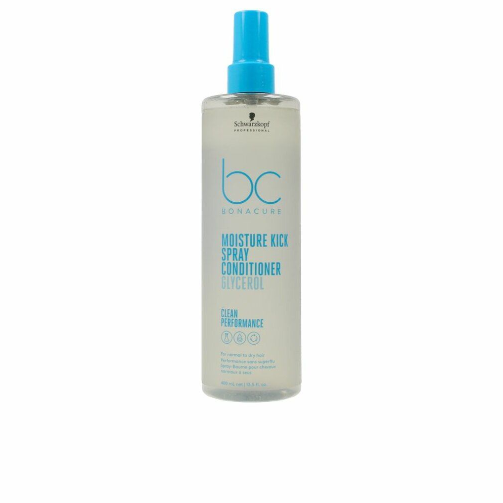 Flacone spray con erogatore blu. Scritta: bc BONACURE, Moisture Kick Spray Conditioner Glycerol. Liquido trasparente.
