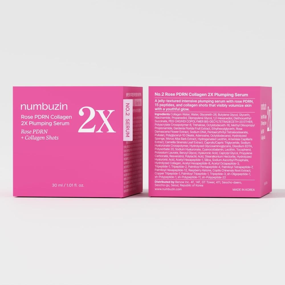 Fronte e retro della confezione del siero NUMBUZIN Nr.2 Rose PDRN Collagen 2X Plumping.
