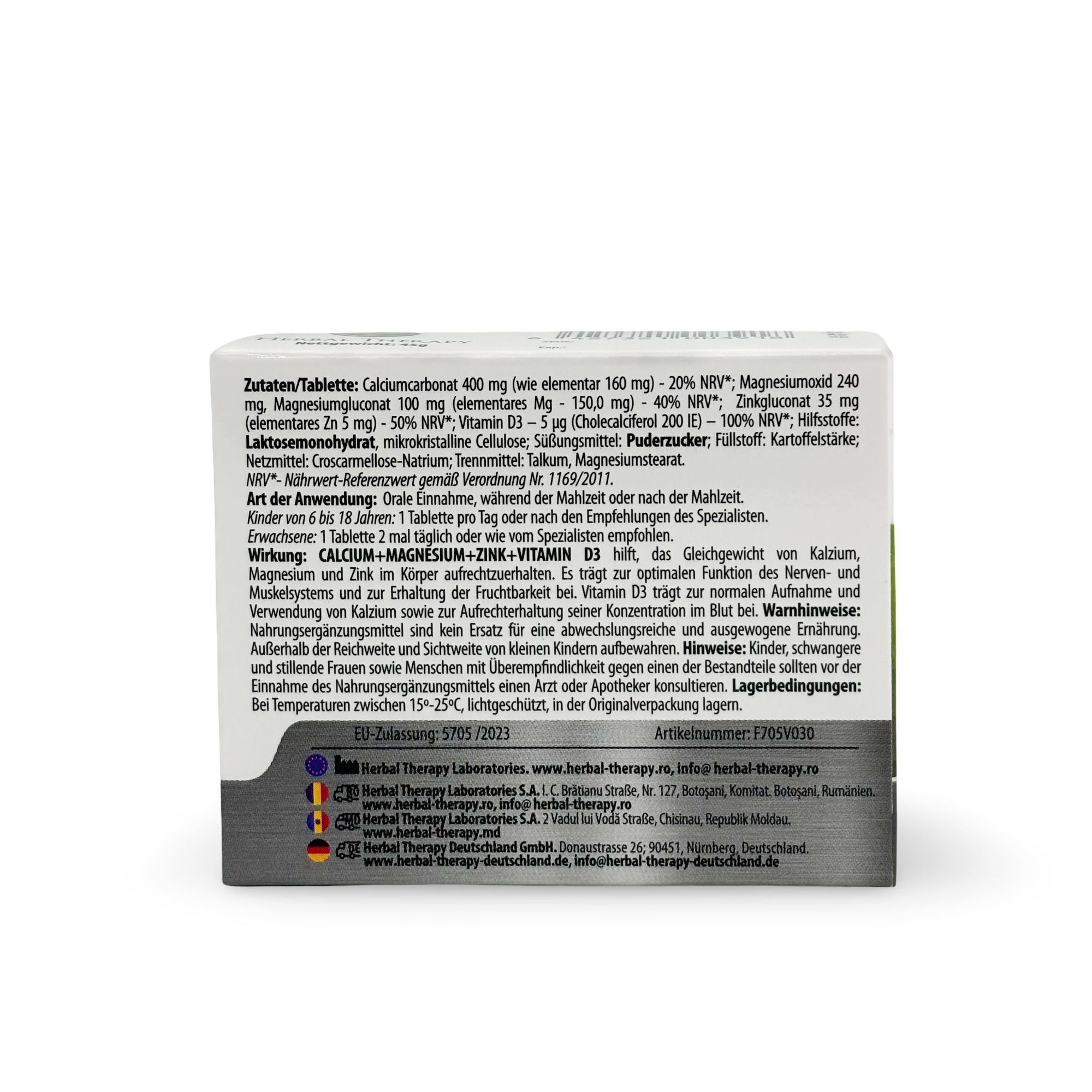 Retro della scatola Herbal Therapy Kalzium, Magnesio, Zinco, Vitamina D3. Contiene informazioni sugli ingredienti, il dosaggio e il produttore.