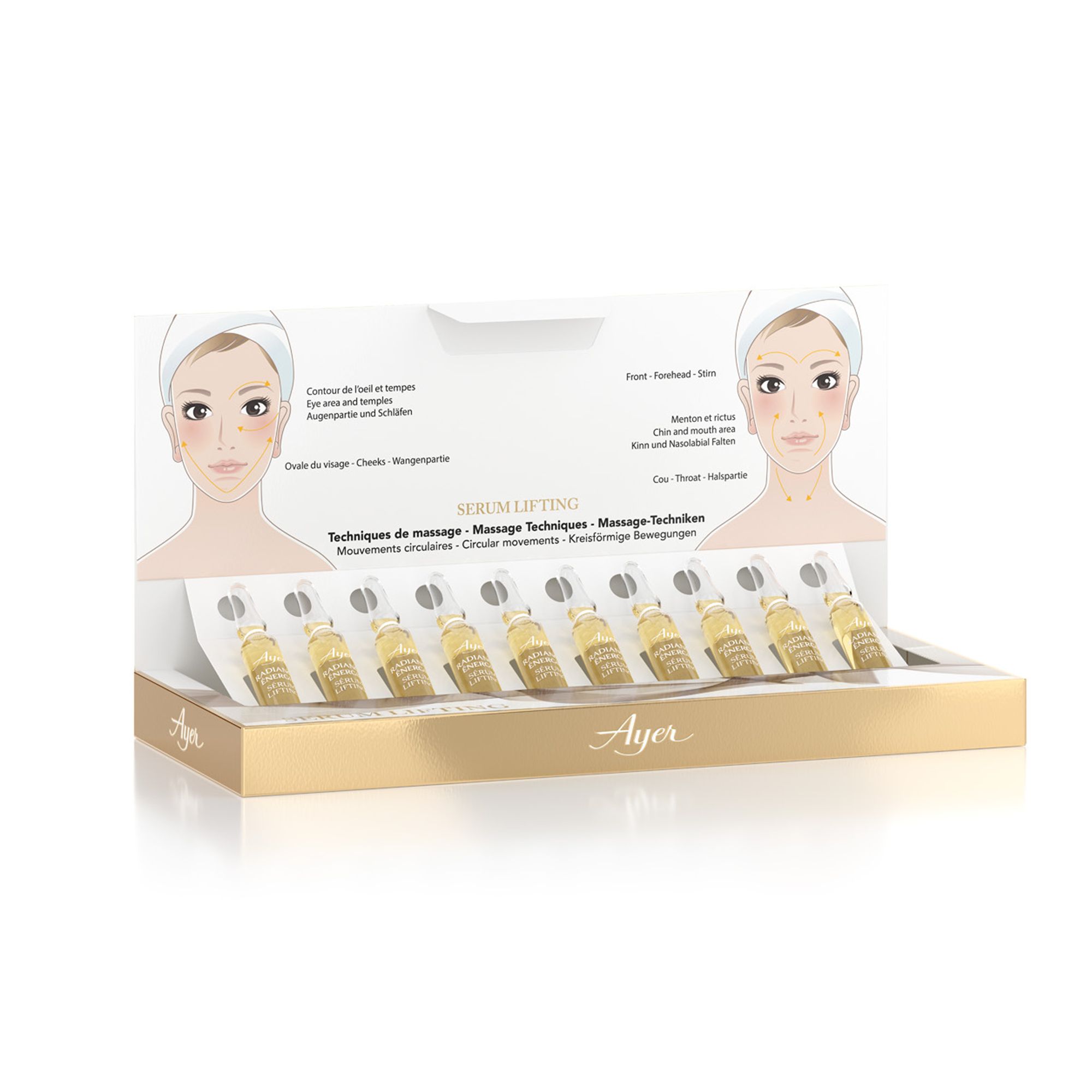 Confezione con fiale. Scritta: Ayer, Serum Lifting. Illustrazione: viso con punti di massaggio.