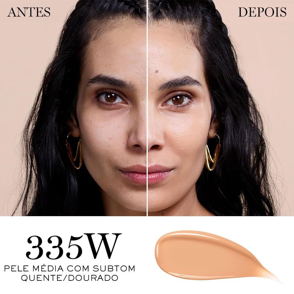 Confronto prima/dopo trucco su viso. Tonalità 335W, sottotono caldo. Campione di prodotto.