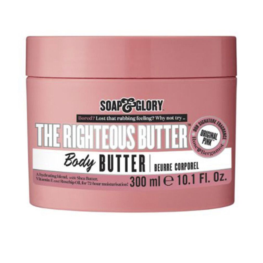 Vaso rosa con coperchio. Scritta: Soap & Glory The Righteous Butter Body Butter. Testo e logo.