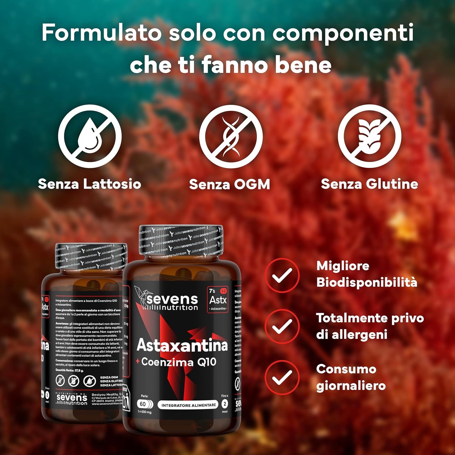 Due barattoli di astaxantina + coenzima Q10. Simboli senza lattosio, OGM, glutine.