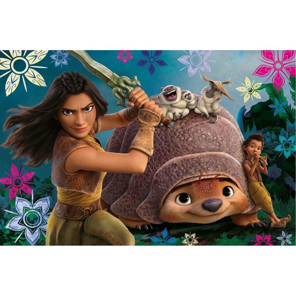 Puzzle Clementoni Raya Maxi. Raya, l'ultimo drago, con spada e tartaruga. Motivo floreale. 60 pezzi. Puzzle Supercolor.