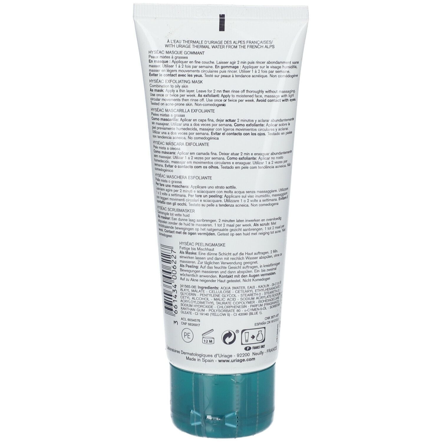 Retro di un tubo. Testo in più lingue, tra cui tedesco, francese, italiano e olandese.