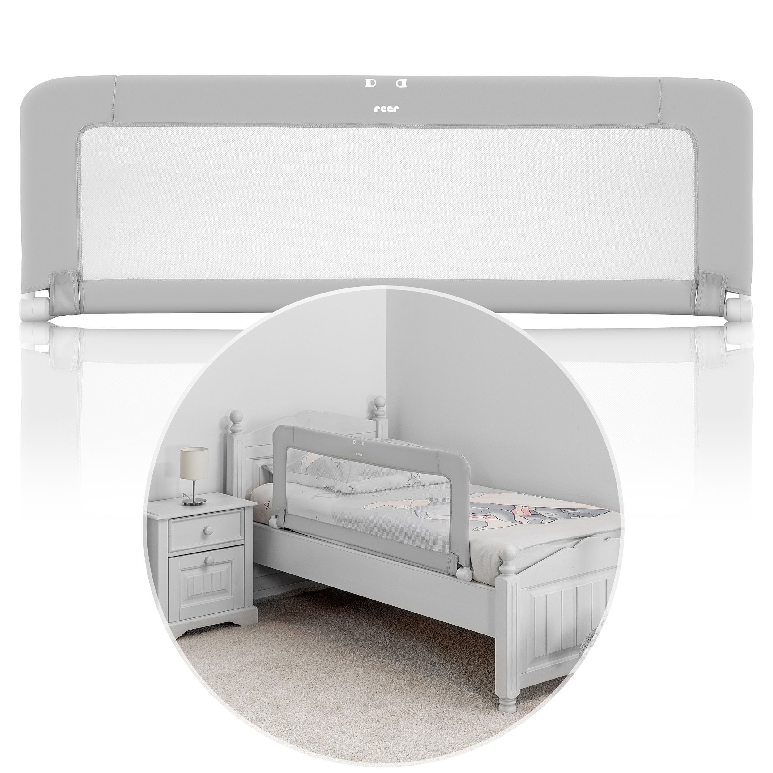 Barriera letto grigia con rete bianca. Marchio reer. Letto sullo sfondo. Presentazione rotonda.