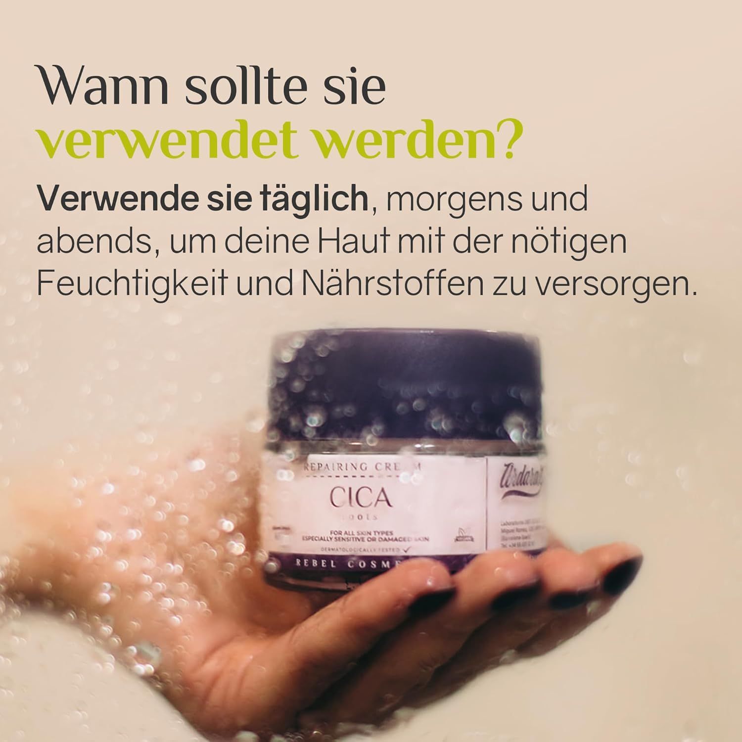 Mano che tiene un vasetto di crema. Testo: Quando usarla? Mattina e sera. Vasetto con scritta: Cica Repairing Cream.