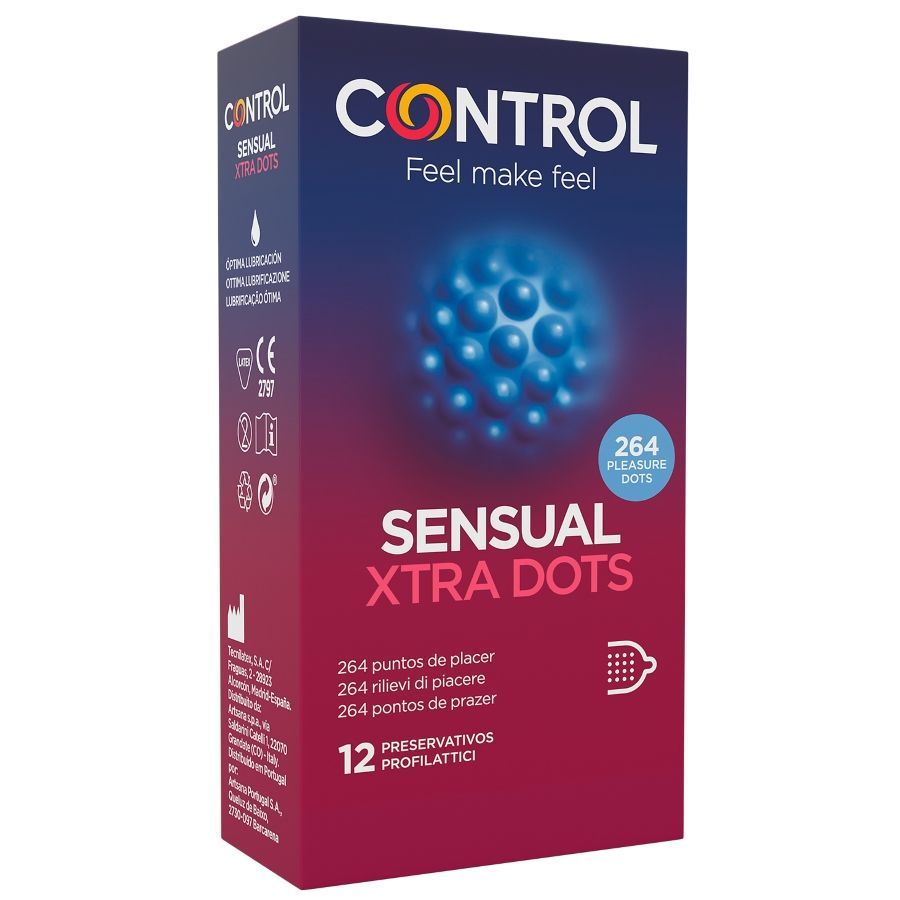 Preservativi Control Sensual Xtra Dots: 12 pezzi, con 264 puntini per extra stimolazione.