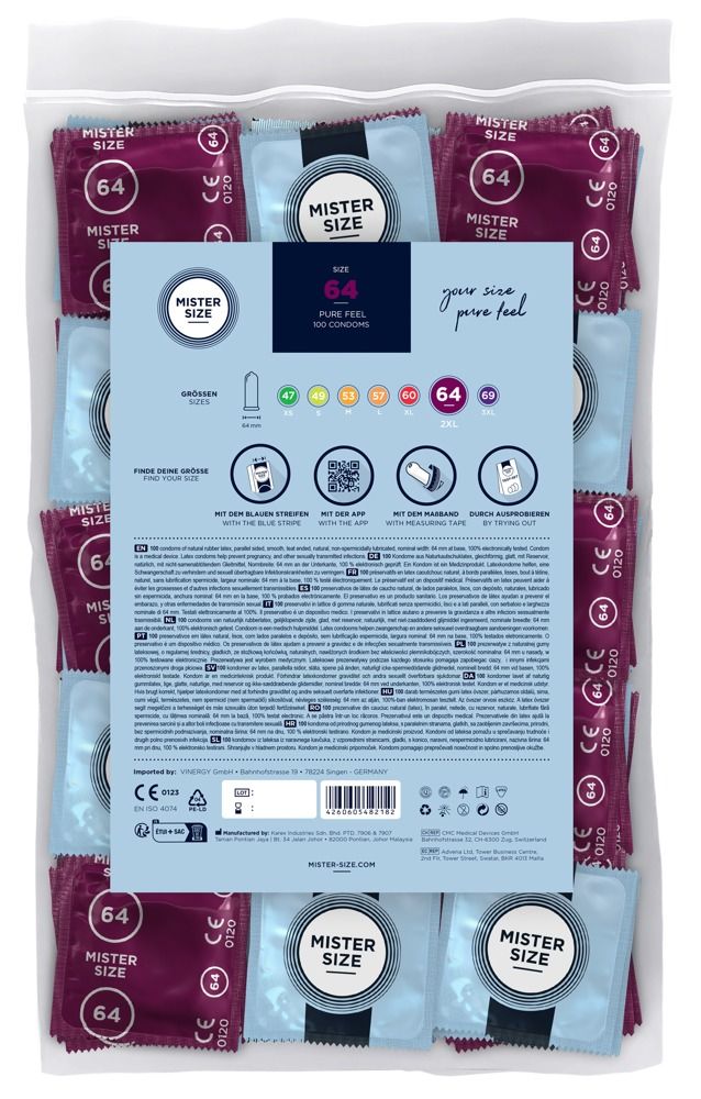 Retro di una confezione di preservativi Mister Size 64 con panoramica delle taglie e informazioni sul prodotto.