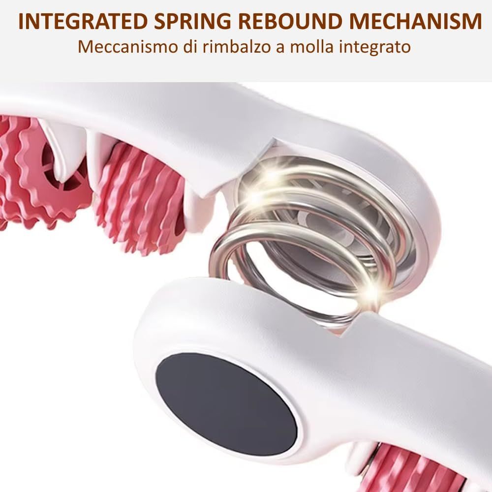 Primo piano di un rullo massaggiante bianco con rulli rosa. È visibile un meccanismo a molla. Il prodotto è parzialmente smontato.