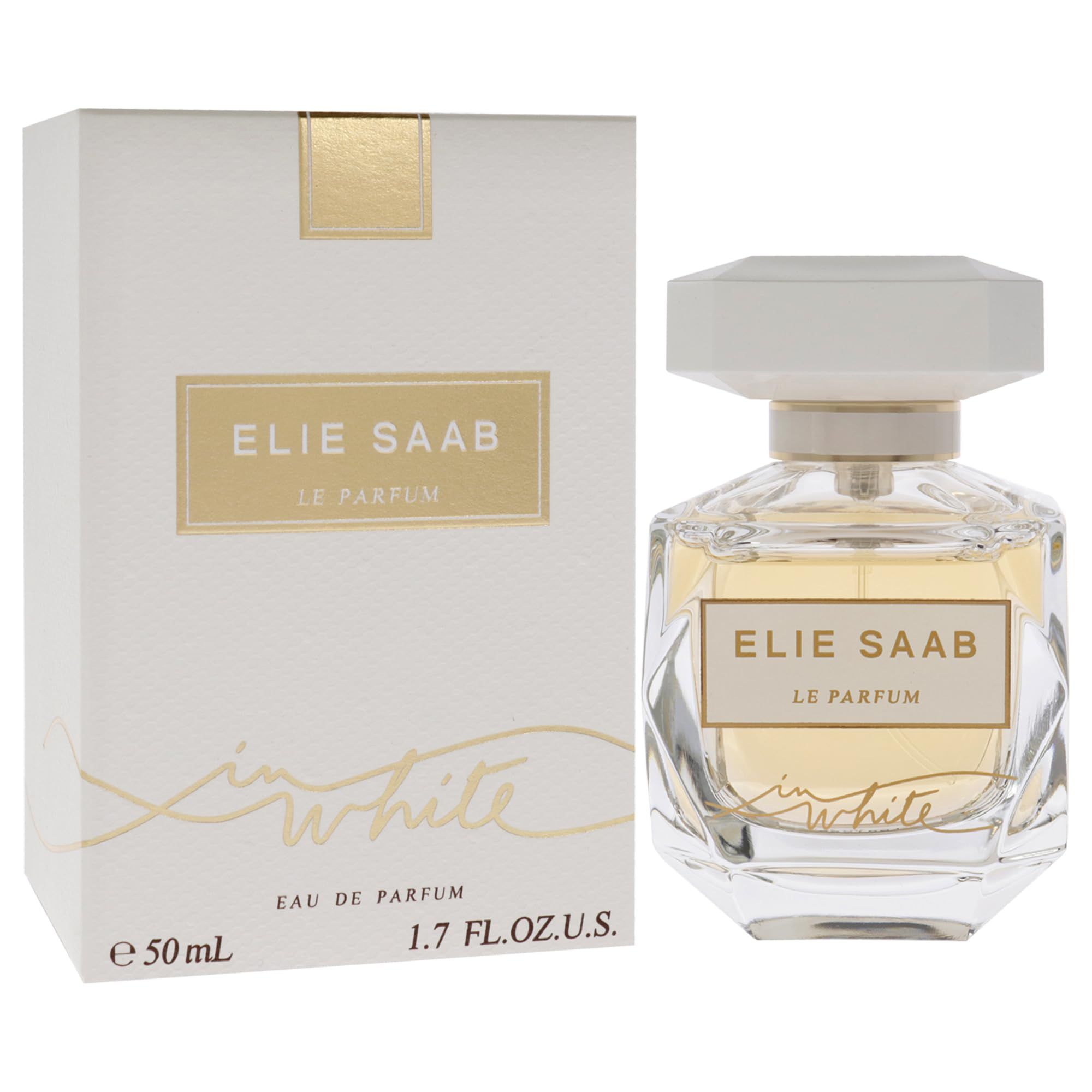 Flacone di profumo e confezione. Flacone con tappo bianco, dettagli dorati ed etichetta. Confezione con logo e scritta.