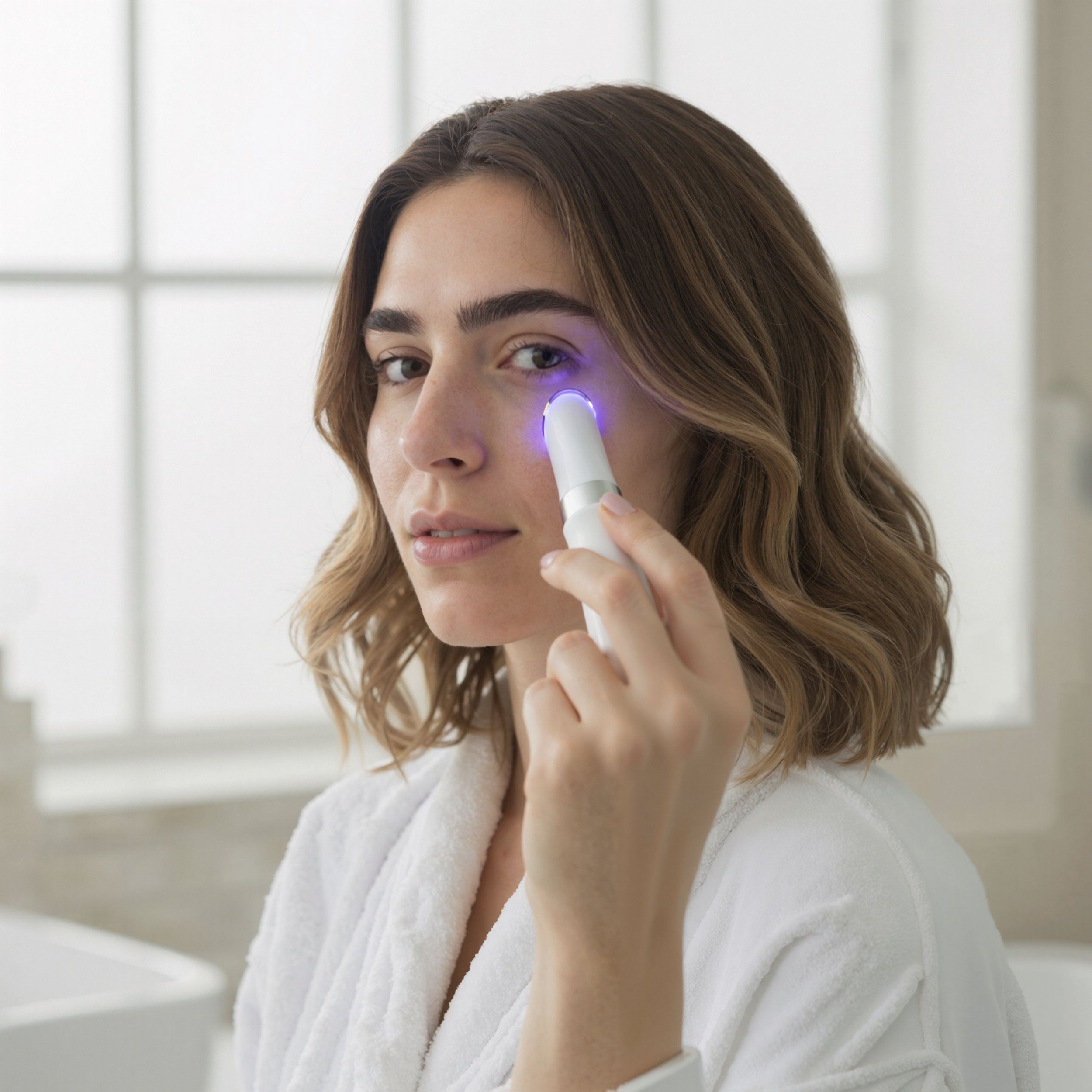 Dispositivo bianco per il contorno occhi con luce blu, usato da una donna. La donna indossa un accappatoio.