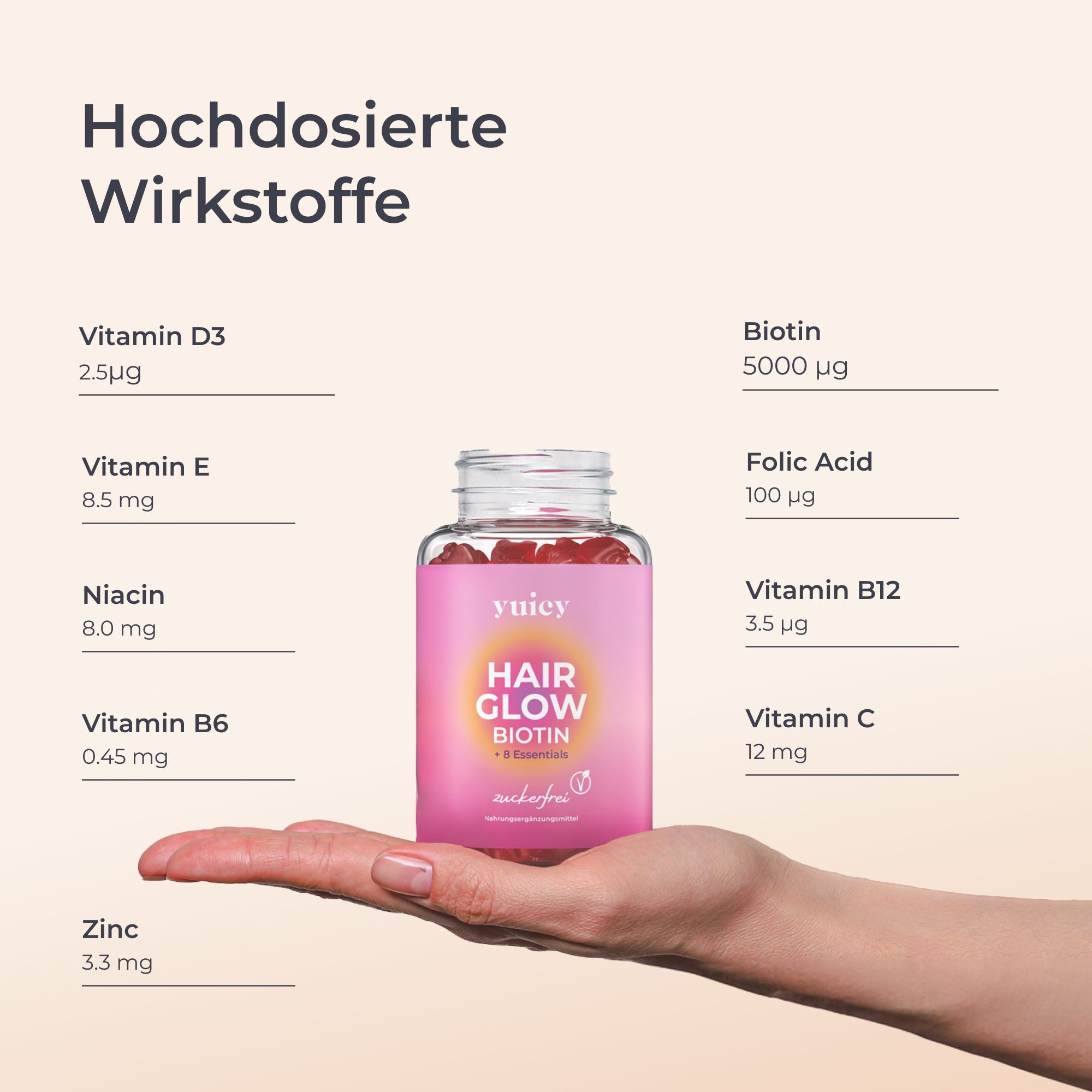 Mano che tiene un flacone di yuicy Hair Glow. Scritta: Hair Glow Biotina + 8 Essentials. Ingredienti attivi: Vitamina D3, E, Niacina, B6, Zinco, Biotina, Acido folico, B12, C.