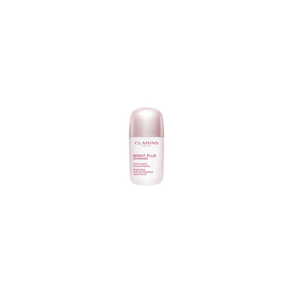 Siero bianco con tappo rosa. Scritta: CLARINS PARIS, BRIGHT PLUS [ADVANCED]. Testo: Sérum expert éclat anti-taches, Brightening dark spot-targeting expert serum.