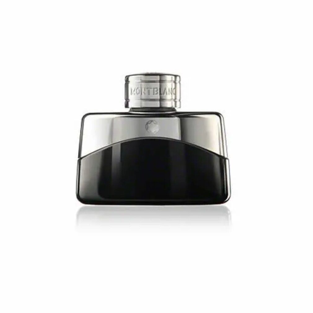 Flacone Montblanc Legend Eau de Toilette, nero con accento e tappo argentati.