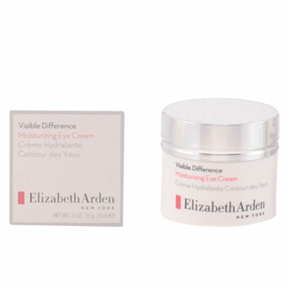 Vaso di crema e scatola. Scritta: Visible Difference Moisturizing Eye Cream. Marchio: Elizabeth Arden.
