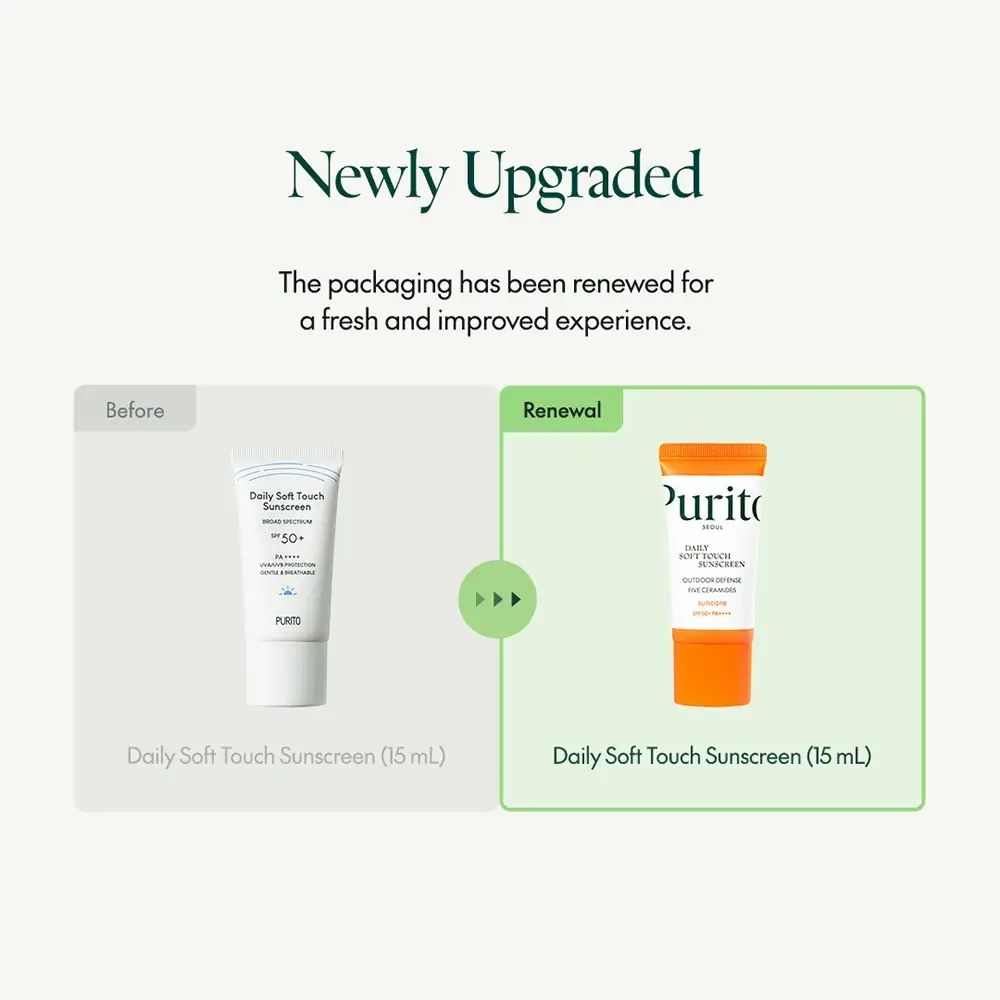 Confronto confezioni protezione solare. Sinistra: bianca. Destra: arancione. Testo: Daily Soft Touch Sunscreen.