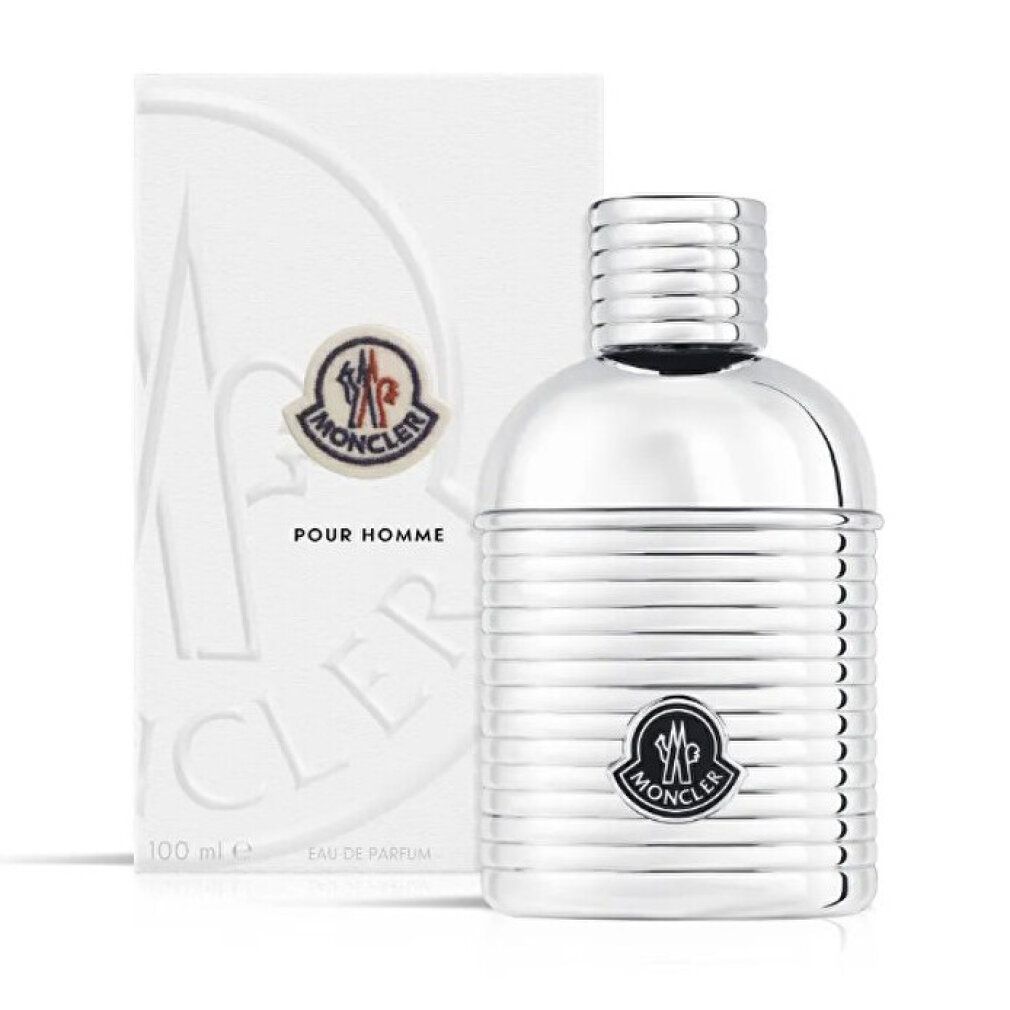 Flacone e confezione argentati. Moncler Pour Homme EDP. Logo e testo su flacone e confezione.