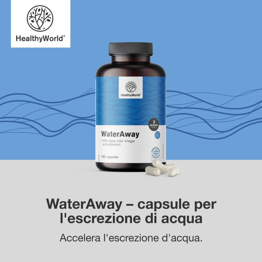 Flacone WaterAway, 180 capsule. Logo: HealthyWorld. Testo: WaterAway - capsule per l'escrizione. Sfondo blu.