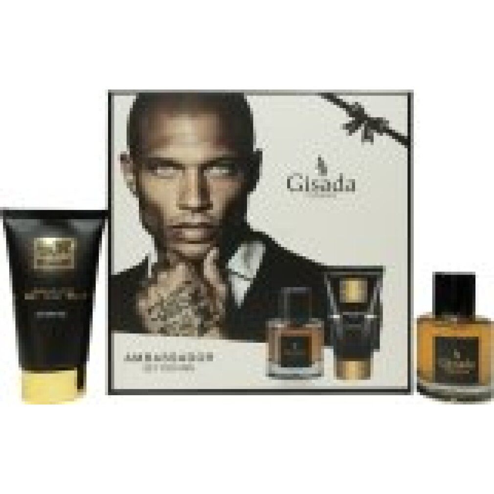 Set regalo con Eau de Parfum, gel doccia e confezione con ritratto di uomo. Accenti neri e oro.