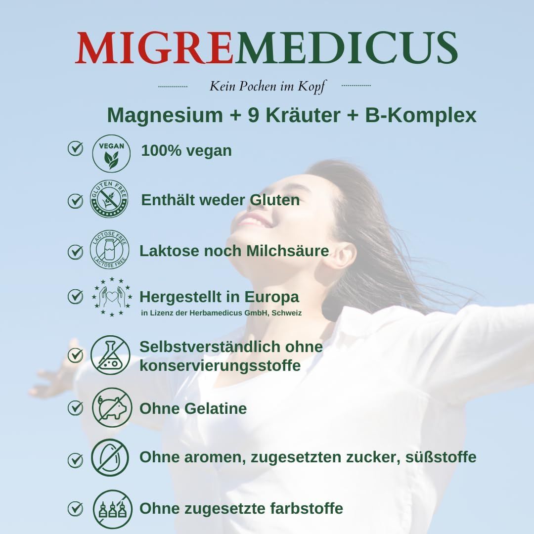 Testo con loghi e icone. Testo: Magnesio + 9 erbe + B-complesso, 100% vegano, senza glutine, lattosio, ecc.