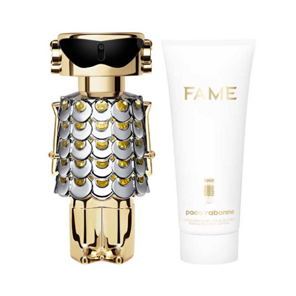 Flacone di profumo a forma di robot con tubo. Flacone dorato con scaglie argentate. Tubo con scritta FAME.