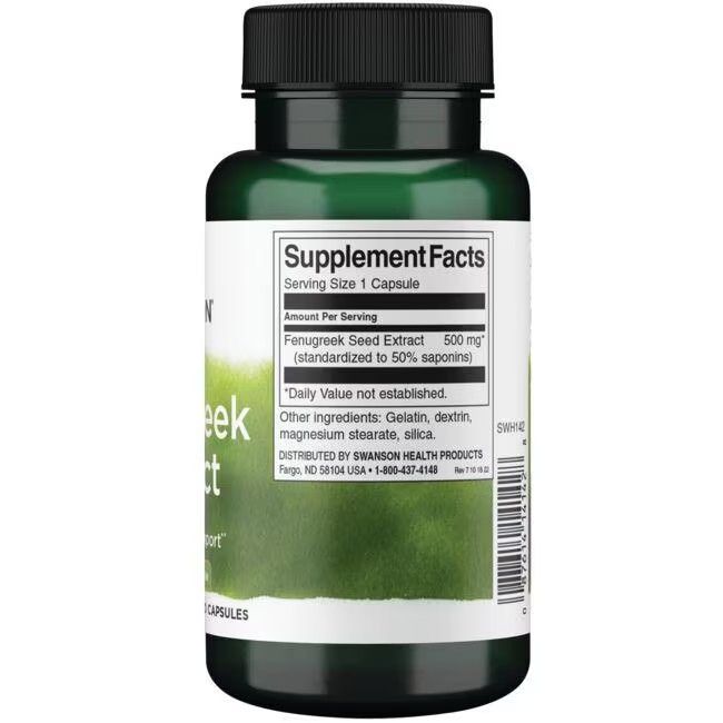 Retro del flacone verde. Etichetta bianca con informazioni nutrizionali. Contiene estratto di semi di fieno greco.