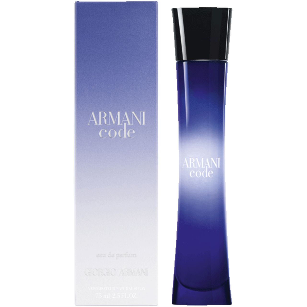 Flacone e confezione. Flacone blu-nero con tappo nero, scritta Armani Code. Confezione azzurra con scritta.