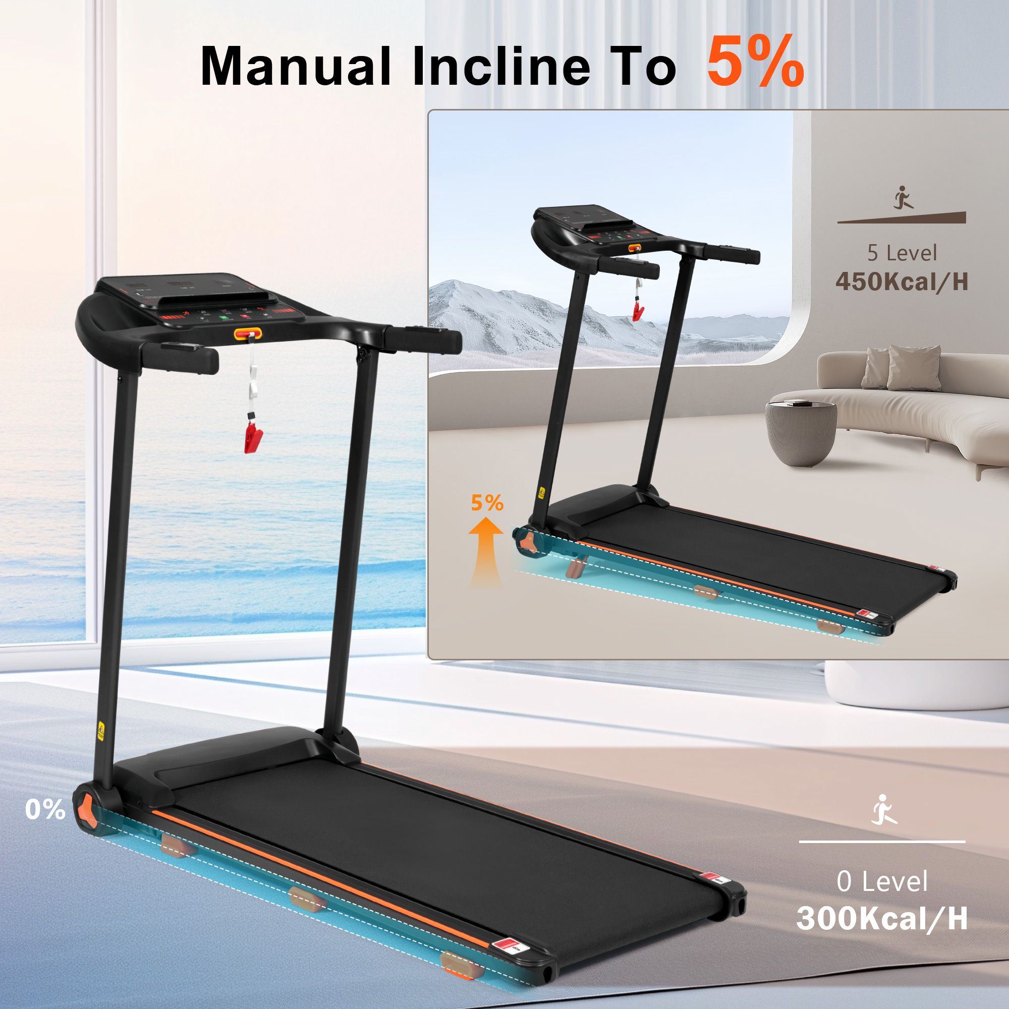 Tapis roulant pieghevole con indicatore di inclinazione. Nero con dettagli arancioni. Diagramma delle calorie.