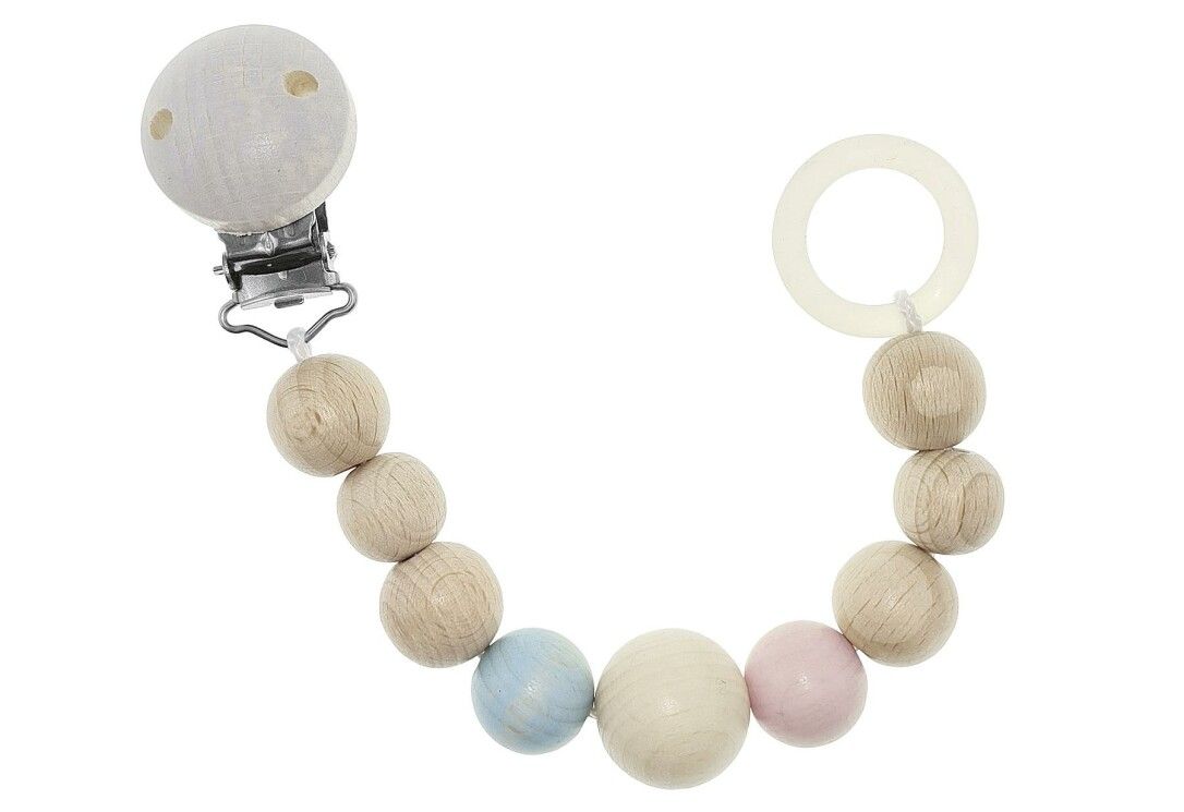 Portaciuccio in legno con perline rotonde in legno naturale, blu e rosa. Con clip e anello.