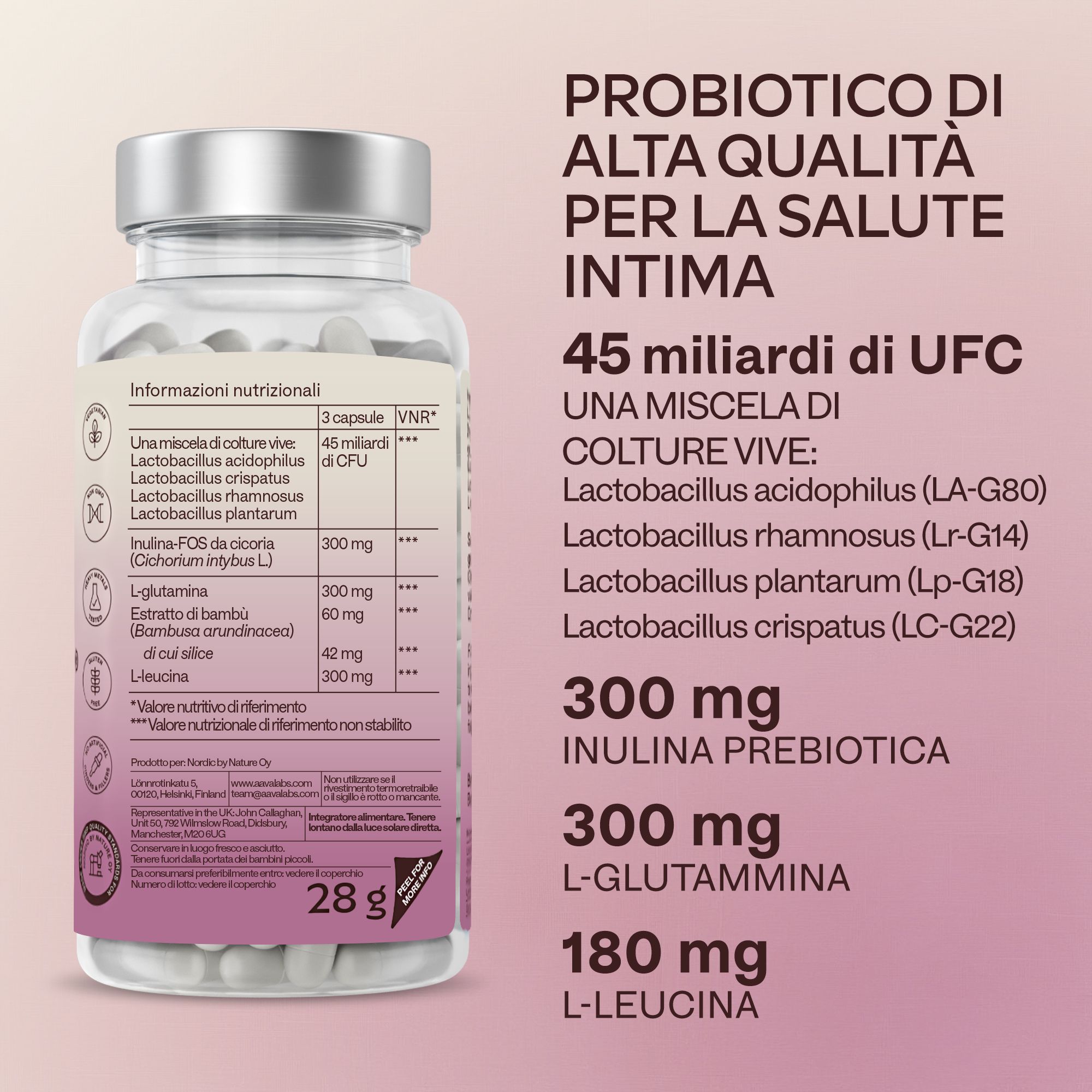 Testo su sfondo rosa. Informazioni sugli ingredienti e sui valori nutrizionali. 45 miliardi UFC.