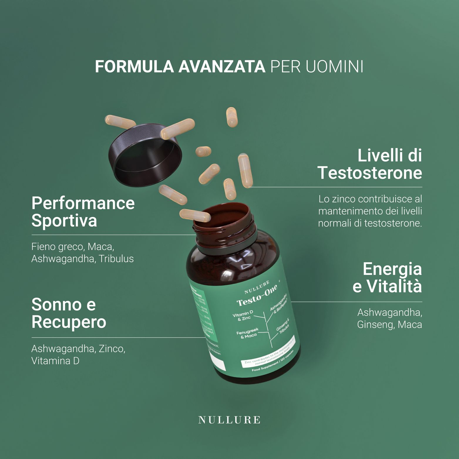 Capsule e flacone con ingredienti per sport e vitalità.