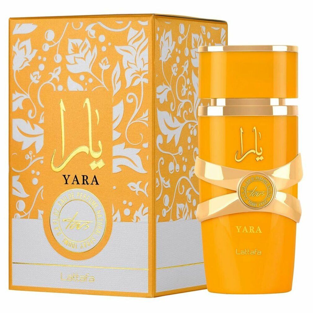 Yara Tous Eau de Parfum in scatola e flacone gialli. Dettagli dorati. Design floreale sulla confezione.