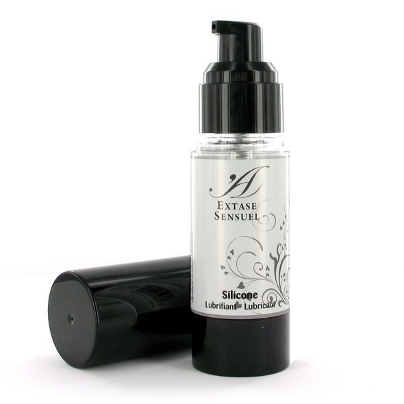 Flacone di gel lubrificante al silicone con erogatore nero e tappo separato. Scritta: Extase Sensuel, Silicone, Lubricant.